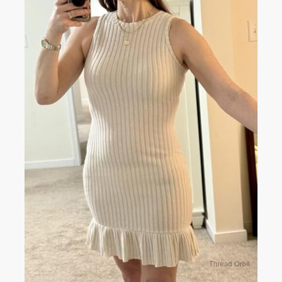 Sleeveless Ribbed Knit Bodycon Mini Dress with Ruffle Hem Slim Fit - Picture 5 of 7